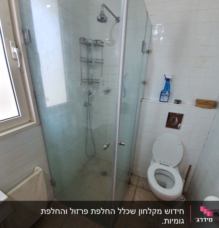 מקלחון זכוכית עם ראש מקלחת ומדפים